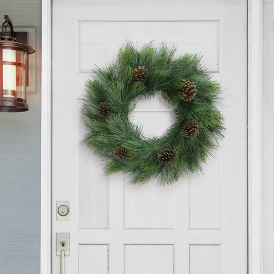 24" Hardneedle Wreath With Pinecones, 48 Branch Tips